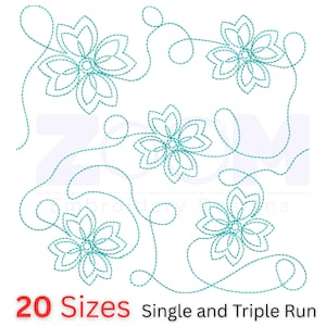 Może przedstawiać: Cyfrowy wzór haftu przedstawiający pięć stylizowanych turkusowych wzorów kwiatowych z wirującymi pnączami. Tekst "20 Sizes" jest czerwony, a "Single and Triple Run" czarny.