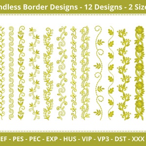 May include: Twelve different embroidery designs of gold floral borders. The designs are arranged in two rows of six. The designs are for use with embroidery machines. JEF, PES, PEC, EXP, HUS, VIP, VP3, DST, XXX.