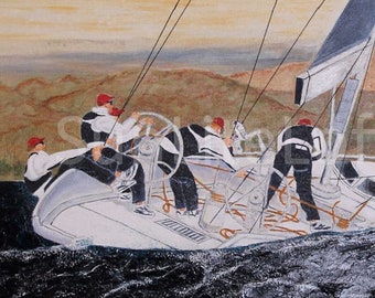 Titled: "Regatta Team Spirit" Artist signed original, acrylic nautical gallery painting. Team spirt during a Regatta on stretched canvas.