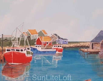 Titled: "Quidi Vidi, Newfoundland". An Artist signed original, breathe taking Canadiana painting of a maritime fishing village on canvas