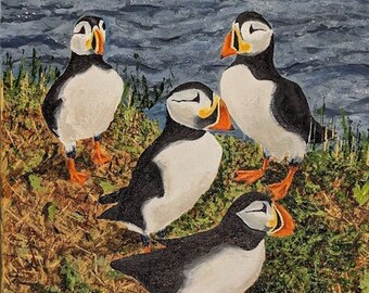 Titled: “The Gathering”, Original, Artist Signed, Acrylic Painting, Piece of Canadiana, Gathering of Puffins by the Oceanfront