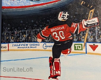 Titled "Brodeur " Artist signed original acrylic painting of NHL Icon Martin Brodeur on stretched canvas, free shipping