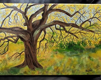 Titled: “ May Morning”, Original, Artist Signed, Acrylic Painting, beneath the canopy of a tree in spring bloom, Free Shipping