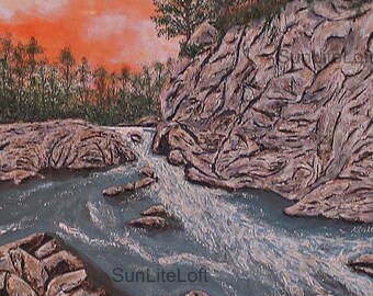 Titled: "Waterfall", An Artist signed original, acrylic gallery painting on canvas of a waterfall through the Carpathian Mountains ,