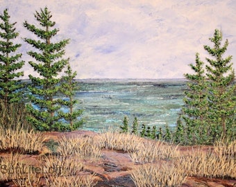 Titled: "Beyond the Ridge", An Artist signed original acrylic painting, overseeing Lake Superior, a true piece of Canadiana. Free Shipping