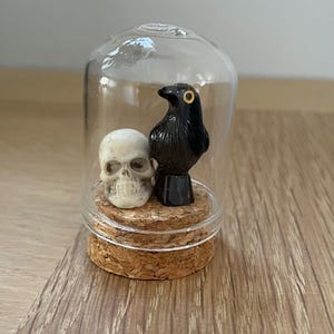 May include: A miniature glass cloche dome with a cork base containing a small off-white human skull replica and a glossy black raven figurine with a yellow eye. The clear glass dome sits securely on the textured cork disc, enclosing the two figures.