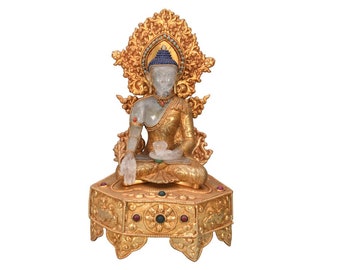 Crystal Handmade Antique Gold Plated Seated Buddha Statue Exclusive Buddha Gautama sculpture Buddhist Tibetan Nepal