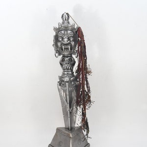 Exquisite Handcrafted Iron Bhairav Mahakala Spiritual Phurba with Ornate Stand Traditional Silver Thunderbolt Phurba Nepal