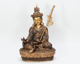 Guru Rinpoche Padmasambhava statue filigree gemstone gold gilt copper sculpture handmade Buddhist Antique figurine vintage decor Nepal