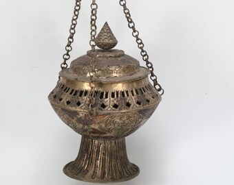 Hanging Antique Dragon carved copper Tibetan silver incense burner culture handcrafted Traditional metal burner decorative Buddhist Nepal