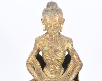 Gold Carved Amazing Fasting Buddha Handcrafted Tibetan Antique Meditation Figurine Statue Nepal