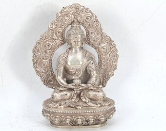 Silver Carved Antique Handmade Lord Buddha Statue Figurine Vintage Meditation Buddhism Collectibles Nepal