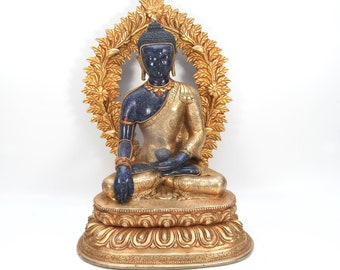 Gold Gilded Antique Handmade Lapis Lord Buddha Statue Ritual Buddhism Traditional Home Decor Sculpture Art Nepal