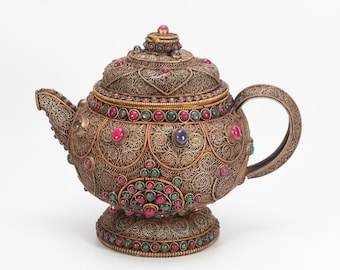 Filigree gemstone inlay Tibetan copper Teapot Handmade kitchen decorative antique flagon pot vessel Buddhist old collectible culture Nepal