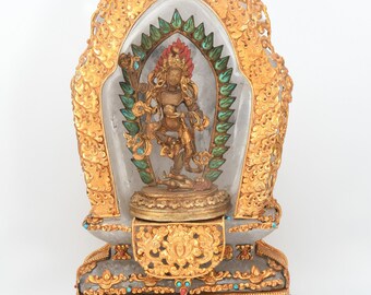 Gold Gilded Crystal Carved Antique Goddess of protection Strength Worship Fierce Diety Kali Handmade Hinduism Decorative Sculpture Nepal