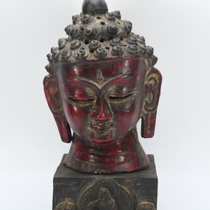 Tibetan antique clay Buddha head incense burner wooden base Incense Holder culture handcrafted Traditional burner decorative Buddhist Nepal