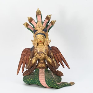 Antique Tibetan Gold plated Naga Kanya Statue hand carved Serpent Goddesss Statue Snake Goddess Idol Guardian of treasures sculpture Nepal
