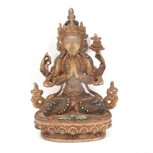 Sacred Serenity: Antique Crystal Carved Chenrezig Statue with Gold Accents - Handmade Masterpiece Avalokiteshvara Collection Nepal