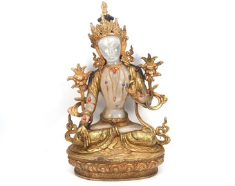 Crystal Carved Antique Handmade Gold Gilded White Tara Sculpture Tibetan Vintage Home Decor Peace Buddhism Art Nepal