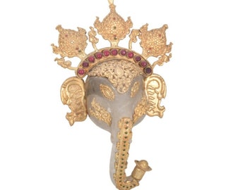Gold Gilded Antique Handmade Crystal Carved Tibetan Lord Ganesa Head Carved Wall Hanging Ritual Elephant Head Figurine Nepal