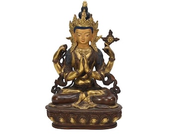 Handmade Tibetan Chenrezig Statue Gold gilt Antique Bodhisattva Buddha Avalokiteshvara sculpture Decorative Blessing Meditation Buddhist