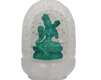 Goddess Green Tara Resin Crafted Antique Crystal Throne Vintage Statue Spiritual Tranquility Religious Shrine Craft Figurine Nepal