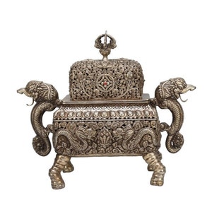 Antique Dragon carved dorje top copper Tibetan silver incense burner handcrafted Traditional metal burner stand decorative Buddhist Nepal