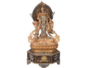 White Tara Gold Gilt Statue Tibetan Dolma Buddhist Bodhisattva Meditation Nepal Handcarved Goddess White Tara Buddhism antique sculpture