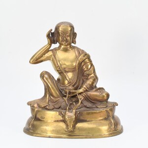 Yogi Milarepa statue Hand carved antique Buddhism Tibetan brass copper sculpture Decorative Blessing God listening Meditation Peace Nepal