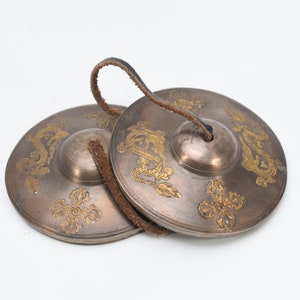 Hand Designed Tibetan Dorje and Dragon Carved Painted Ritual Hammered Bell Tingsha case om mani padme hum Mantra Crafted Tingsha Nepal