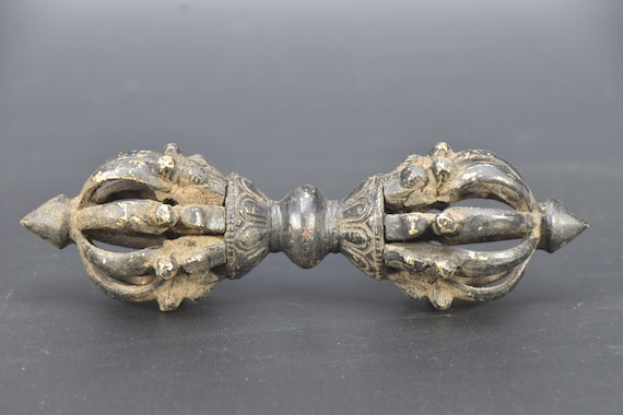 6.8 Rare Old Tibetan Filigree Gold Gems Buddhism Dorje Vajra Bell & Holder