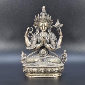 8" Old Tibet Temple 4 arms Chenrezig Buddha Statue Sculpture Antique Old Tibetan Chenrezig Avalokeshevera Buddha Statue Meditation Dharma