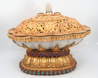 Crystal Crafted Antique Handmade Gold Gilded Kapla Offering Traditional Bowl Himalayan kapali Set Tibetan Nepal