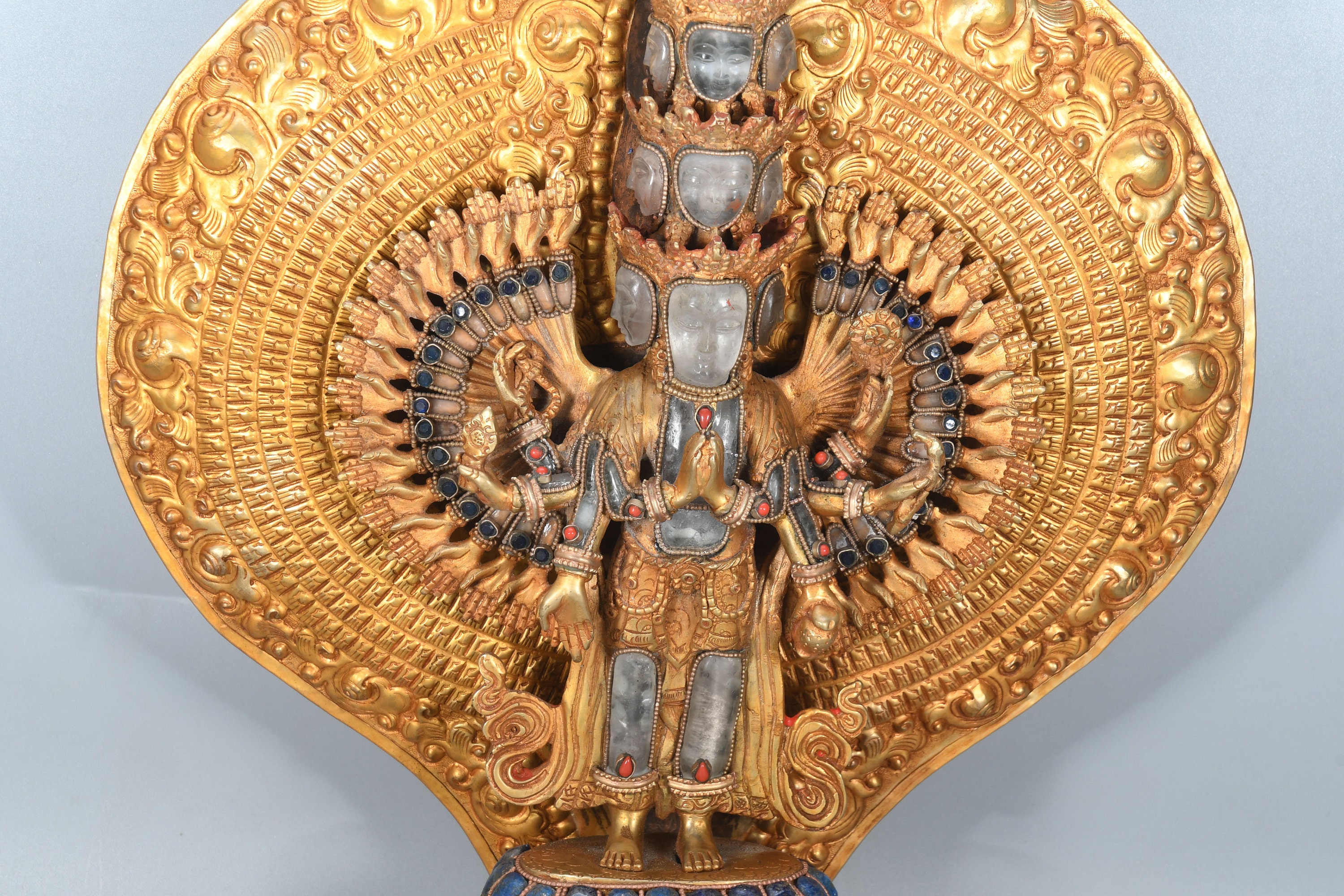 手彫りクリスタル ロケシュワラ像 アンティーク チベット 金メッキ彫刻