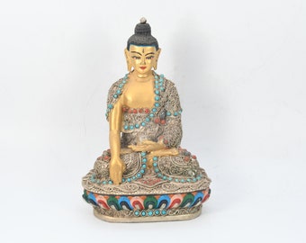 Gold and Silver Crafted Magnificent Meditating Lord Buddha Unique Sculpture Art Tibetan Decorative Figurine Nepal