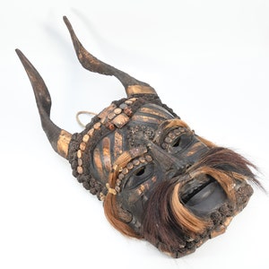 Tharu Horn Tantric Shaman mask Hand Vintage Tibetan old Cultural Traditional Ceremony Solid Nepalese HandCarved Buddhist statue image 1