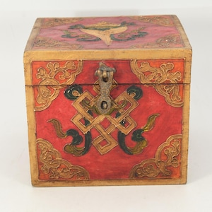 Buddhist Auspicious Symbols Carved Antique Handmade Tibetan Wooden Storage Box Vintage Keepsakes Collectible Art