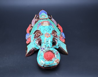 Lord Ganesha Tibetaans bergmasker handgemaakte houten Jhakri sjamanistische sjamaan, Tharu masker muur opknoping antieke Himalaya vintage traditie