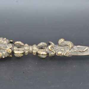 Triple headed Tibetan Old Mahakal Phurba,Dorje, Antique Bronze Rare Buddhist Vintage Phurpa Phurwa Thunderbolt Amulet Tibetan Handmade Nepal