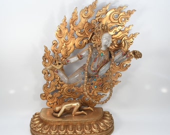 Rare Antique Tibetan Handmade Gold-Gilted Fierce Deity Vajrapani Sacred Statue Religious Home Decor