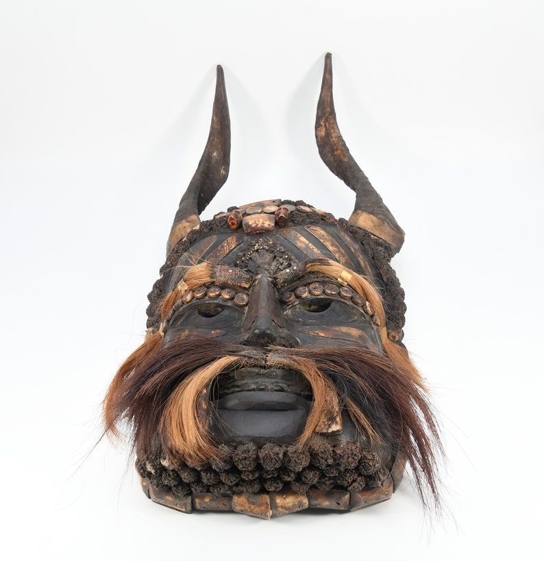 Tharu Horn Tantric Shaman mask Hand Vintage Tibetan old Cultural Traditional Ceremony Solid Nepalese HandCarved Buddhist statue image 8