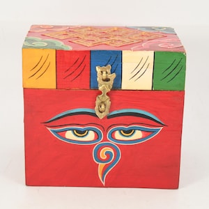 Buddha Eyes Carved Antique Handmade Tibetan Wooden Storage Box Vintage Buddhism Keepsake Collectible Spiritual Decor