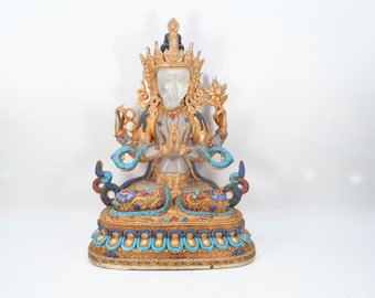 Gold Gilted Vintage Crystal Carved Chenrezig Statue - Tibetan Buddhist Art Decor Blessing Peace Decorative Nepal