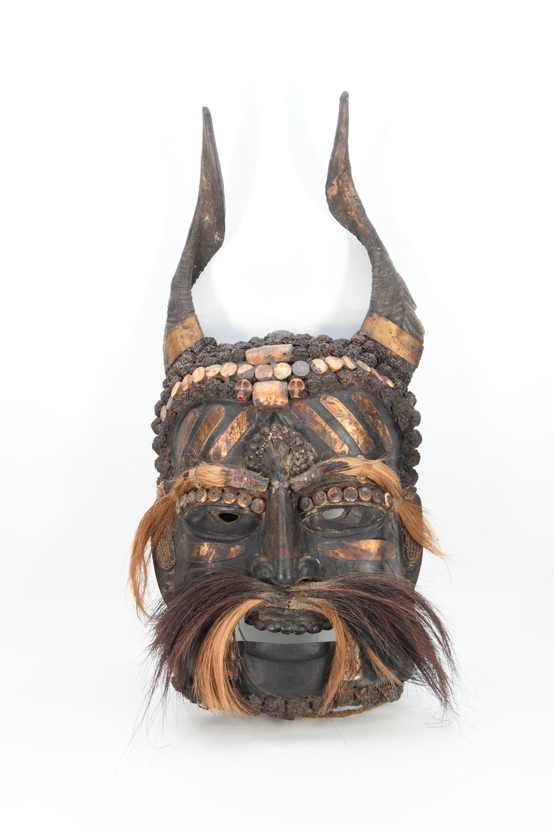 Tharu Horn Tantric Shaman mask Hand Vintage Tibetan old Cultural Traditional Ceremony Solid Nepalese HandCarved Buddhist statue image 2