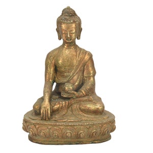 Spirituelle Kunst und Gelassenheit Handgefertigte tibetische Antike Gold Buddha Statue Handwerk Buddhismus Segen Gott Hand geschnitzte Peace Art Nepal
