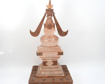 Copper Crafted Antique Crystal Stupa Buddhism Handmade Ritual Ancient Cosmic Traditional Altar Shrine Art Nepal