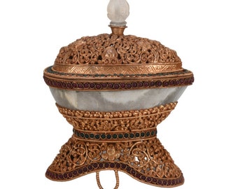 Gold plated Ashtamangala carved gemstone inlay dorje Crystal kapala bowl Buddhist Ritual Offering Traditional Bowl kapali set Tibetan Nepal