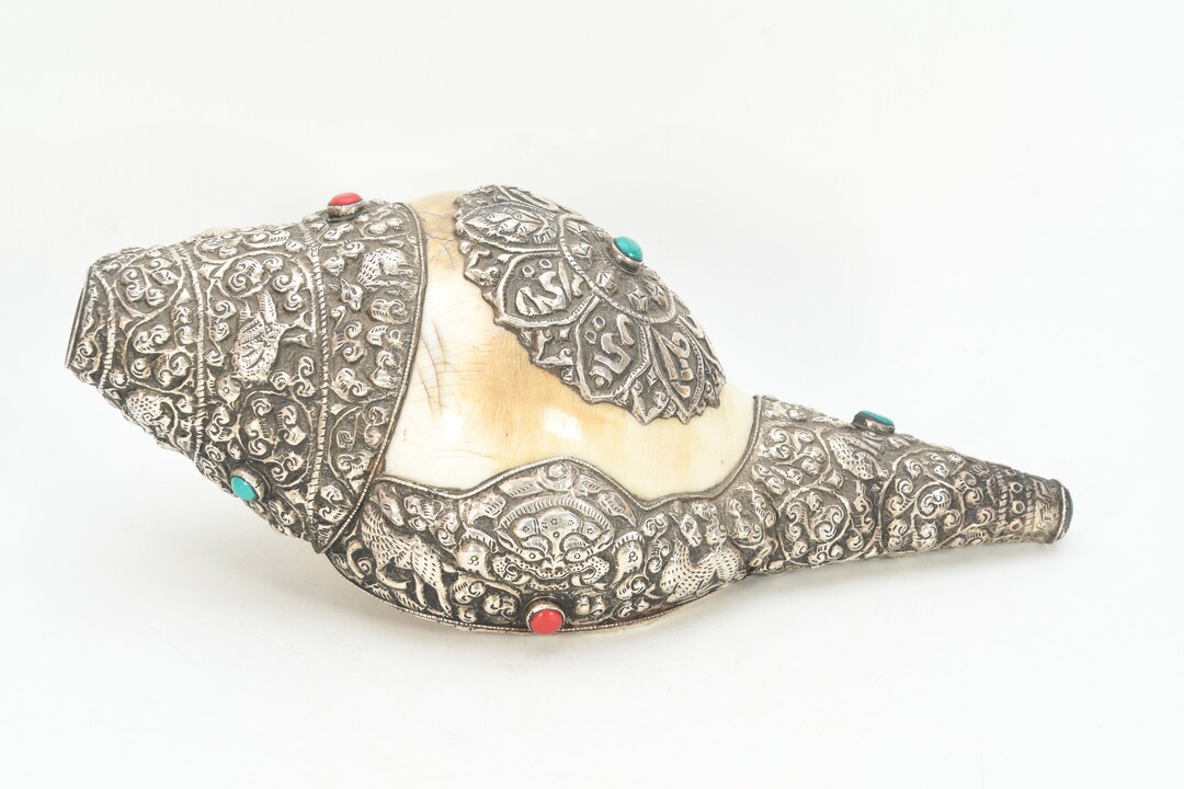 Religious Conch Shell Religious Sankha Conch Shell Tibetan Silver Coated Handmade Buddhism ...