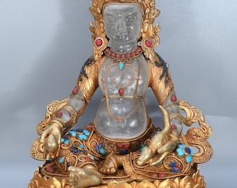 Crystal Carved Gold Gilted Kubera Gold base gemstone handmade home Decoration Spiritual Kubera sculpture worship Buddhist Tibetan Nepal