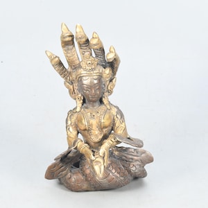 Gold Gilded Antique Copper Nagkanya Statue - Handmade Snake Goddess Hindu Sacred Deity Tibetan Religious Sculpture Art Nepal